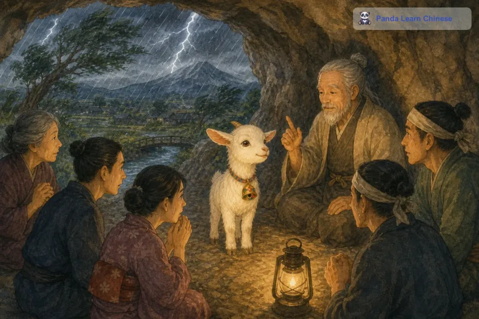 大家在山洞里，听着外面狂风暴雨的声音，都感到一阵后怕。这时候，大家才明白老智者说的话。小山羊的彩铃，真的给村子带来了好运。