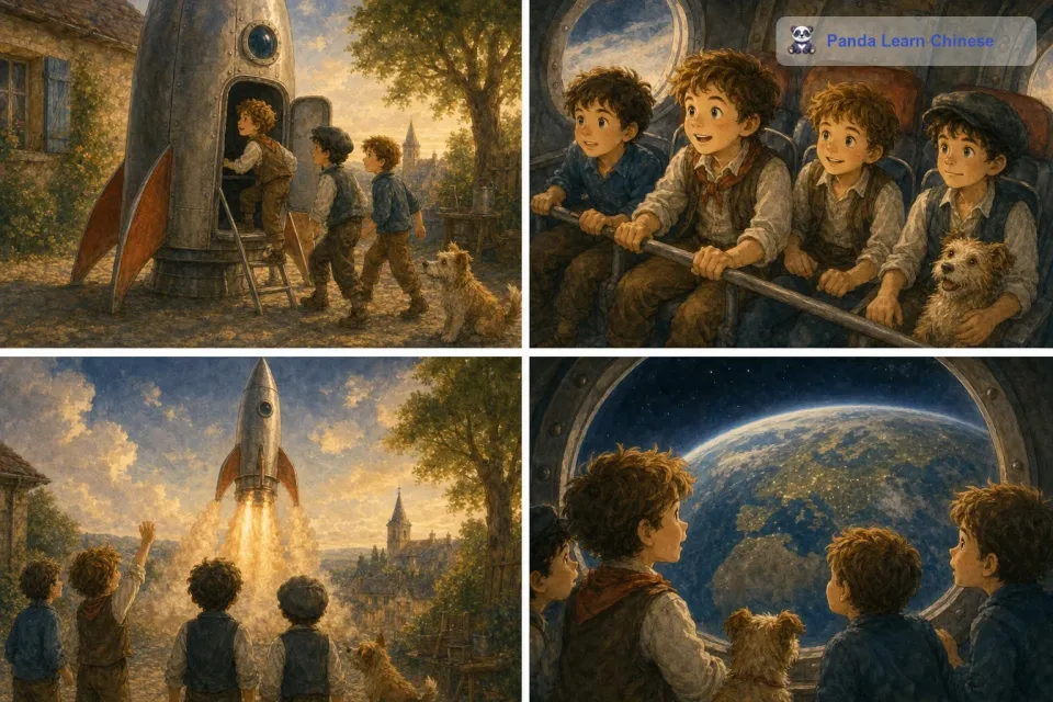 孩子们怀着紧张又激动的心情钻进了火箭。随着倒计时的结束，火箭“轰”的一声发射升空了。他们紧紧地抓着座位的扶手，透过窗户看着地球离他们越来越远。