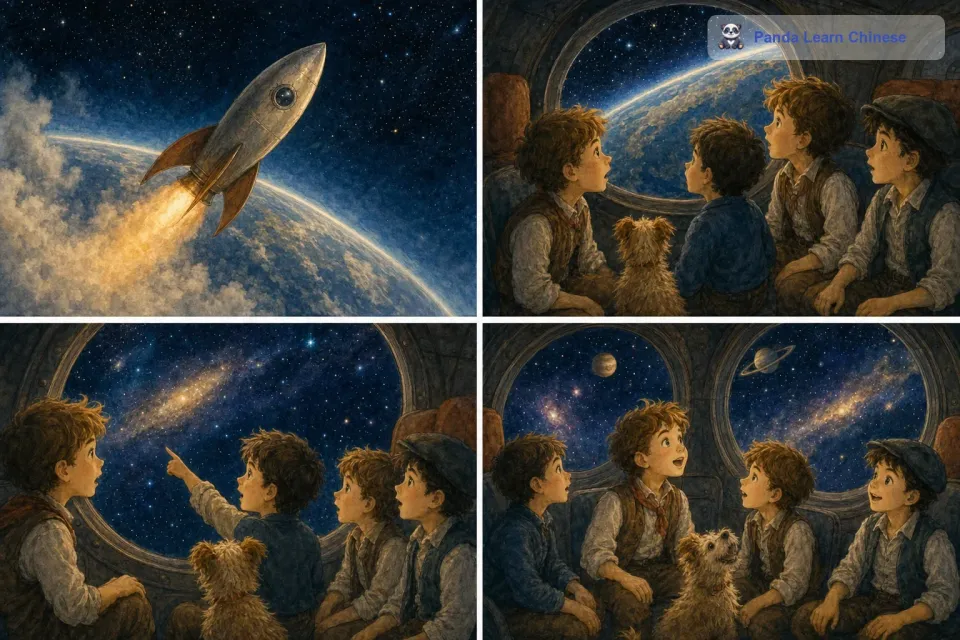 火箭穿过大气层，进入了浩瀚的宇宙。孩子们被宇宙中的景象惊呆了，无数闪烁的星星像宝石一样镶嵌在黑色的天幕上。