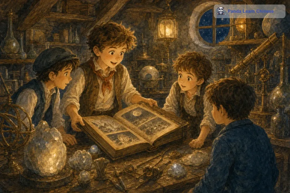 他们轻轻推开门，走进了小屋。小屋里面摆满了各种各样奇怪的东西，有会发光的石头，还有一些形状奇特的仪器。孩子们好奇地东摸摸西看看，对这些东西充满了疑问。在屋子的一角，他们发现了一本厚厚的相册，相册里记录着月球上曾经发生的一些奇妙的事情，孩子们聚精会神地看着相册，仿佛置身于那些故事之中。