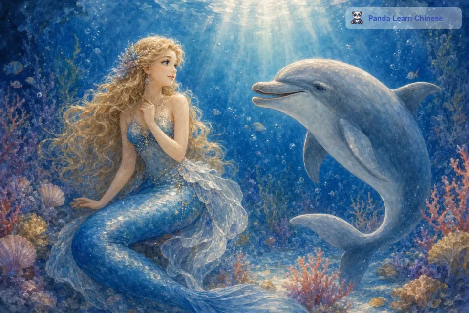 在黑暗的深海里，小人鱼遇到了一只聪明的海豚。海豚问小人鱼要去哪里，小人鱼告诉它自己正在寻找那颗神奇的珍珠。海豚听了后，摆动着它的尾巴说：“那是一个非常危险的旅程，但是我可以带你一段路。