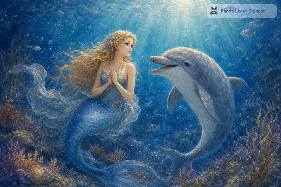 于是，小人鱼和海豚一起游向更深的海域。一路上，海豚给小人鱼讲了很多关于深海的秘密，这让小人鱼既兴奋又有些害怕。