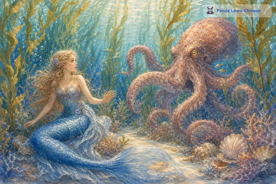 游了很久，他们来到了一片有着巨大海草的地方。海草像高耸的树林一样，在海流中轻轻摇曳。突然，一只巨大的章鱼从海草中钻了出来。
