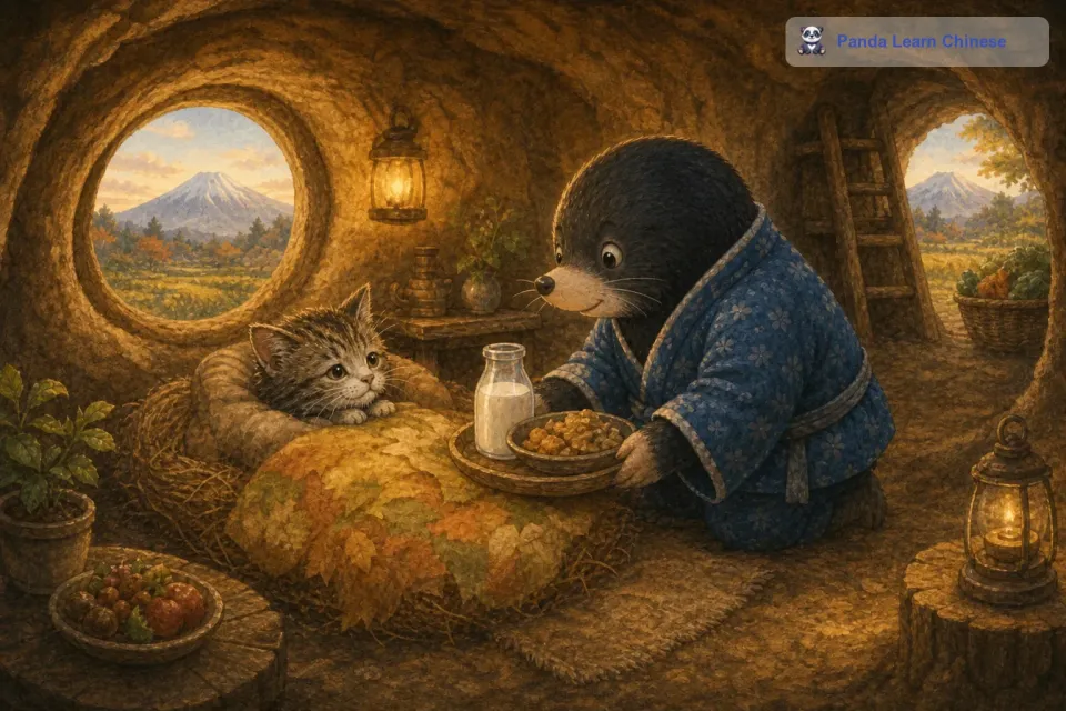 小鼹鼠让小猫躺在温暖的床铺上，还给它端来了新鲜的牛奶和美味的食物。小猫感激地看着小鼹鼠，发出了轻柔的呼噜声。