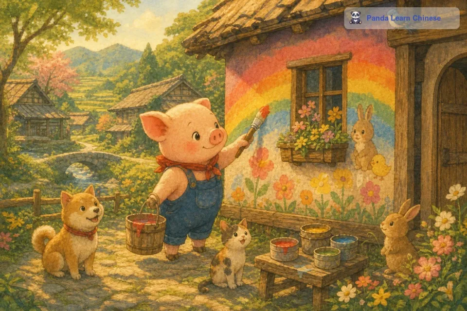 小猪把房子的墙壁刷成了彩虹的颜色，每一种颜色都代表着它不同的心情。它还在房子里画上了自己最喜欢的花朵和小动物。可是，当其他动物们看到小猪的彩色房子时，它们都觉得很奇怪。