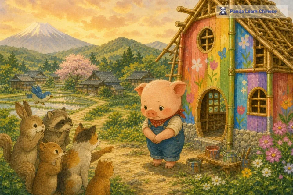 有的动物说这个房子太花哨了，一点也不像正常的房子。小猪听了很伤心，但是它还是很喜欢自己的房子。