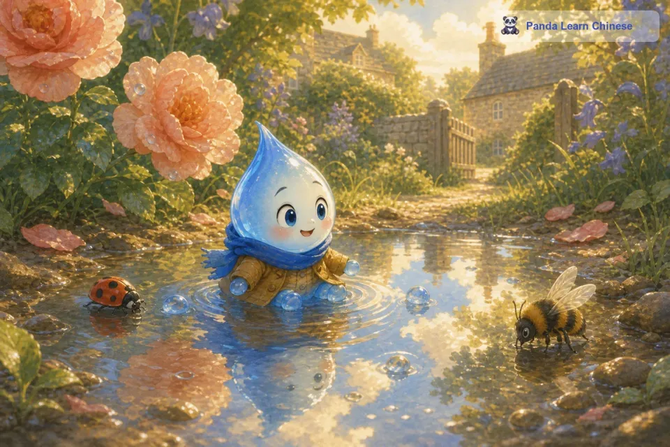 最后，小雨点从花朵上滑落，掉进了一个小水洼里。小水洼里已经有一些雨水了，小雨点融入其中。它在小水洼里看到了周围的世界，有在水洼边喝水的小昆虫，还有倒映在水洼里的天空和树木。小雨点觉得自己的冒险之旅真是既奇妙又有趣，它期待着下一次的旅程。