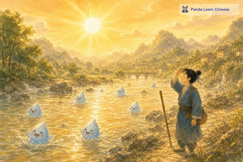 随着时间的推移，天气变得炎热起来。太阳公公高高地挂在天空，它散发出强烈的光芒。河流里的水被晒得暖暖的，小雨点也感受到了一股热气。