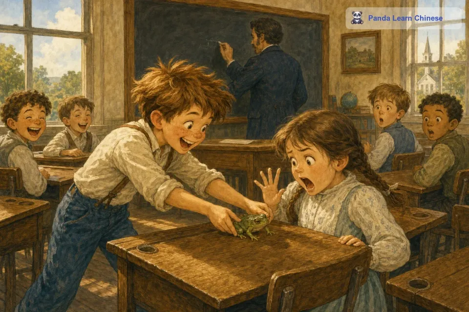 有一天，汤姆在学校里又开始搞恶作剧了。他偷偷地带了一只青蛙到教室里，想在上课的时候吓唬一下他的同学们。当老师在黑板上写字的时候，他悄悄地把青蛙放在了前排女生的课桌上。女生一转身看到青蛙，吓得尖叫起来。