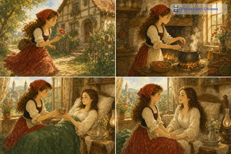 莉莉带着小红花急忙往家赶。回到家后，她按照小精灵告诉她的方法，用小红花熬成了药汤给母亲喝下。没过多久，母亲的病就奇迹般地好了。