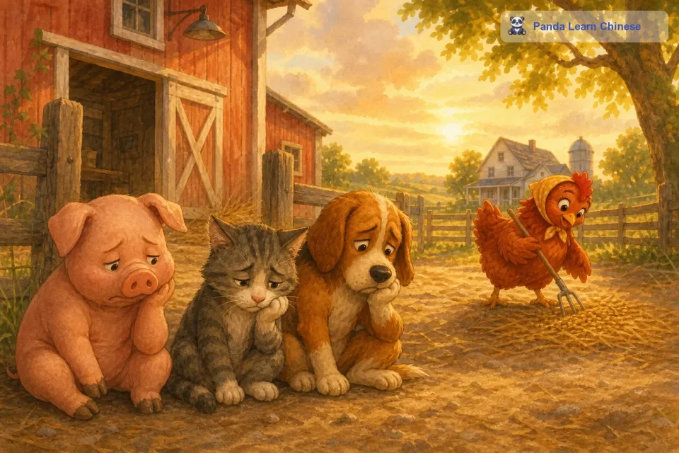 小猪、小猫和小狗都很后悔，他们意识到自己的懒惰是不对的，应该像小红母鸡一样勤劳。