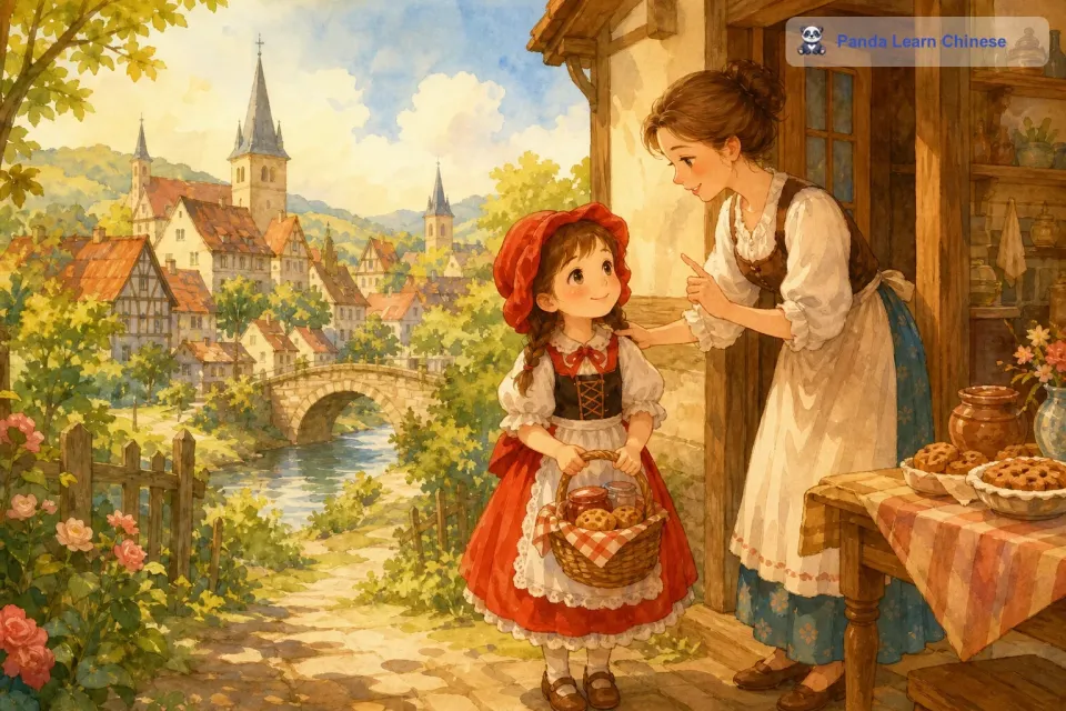 从前，在一个美丽的德国小镇上，住着一个可爱的小女孩。她总是戴着一顶红色的帽子，大家都亲切地叫她小红帽。有一天，小红帽的外婆生病了，妈妈做了一些美味的点心，让小红帽去看望外婆。妈妈叮嘱小红帽：“宝贝，路上要小心，不要和陌生人说话。小红帽乖巧地点点头，就出发了。