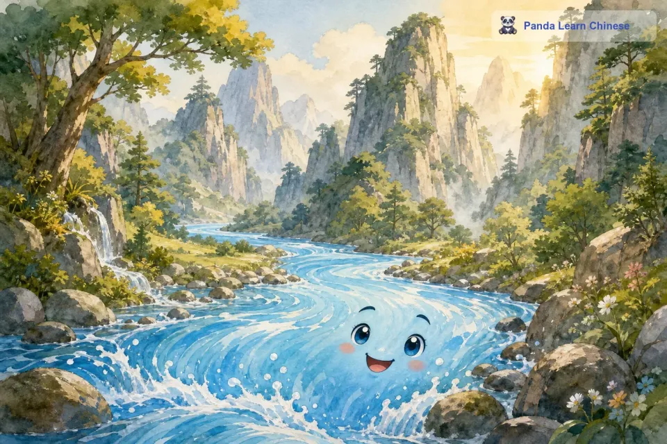 它的周围是高耸的山峰，山上长满了郁郁葱葱的树木，那些树木像是一个个守护小河流的卫士。小河流欢快地流淌着，发出清脆的流水声，仿佛在唱着一首快乐的歌。