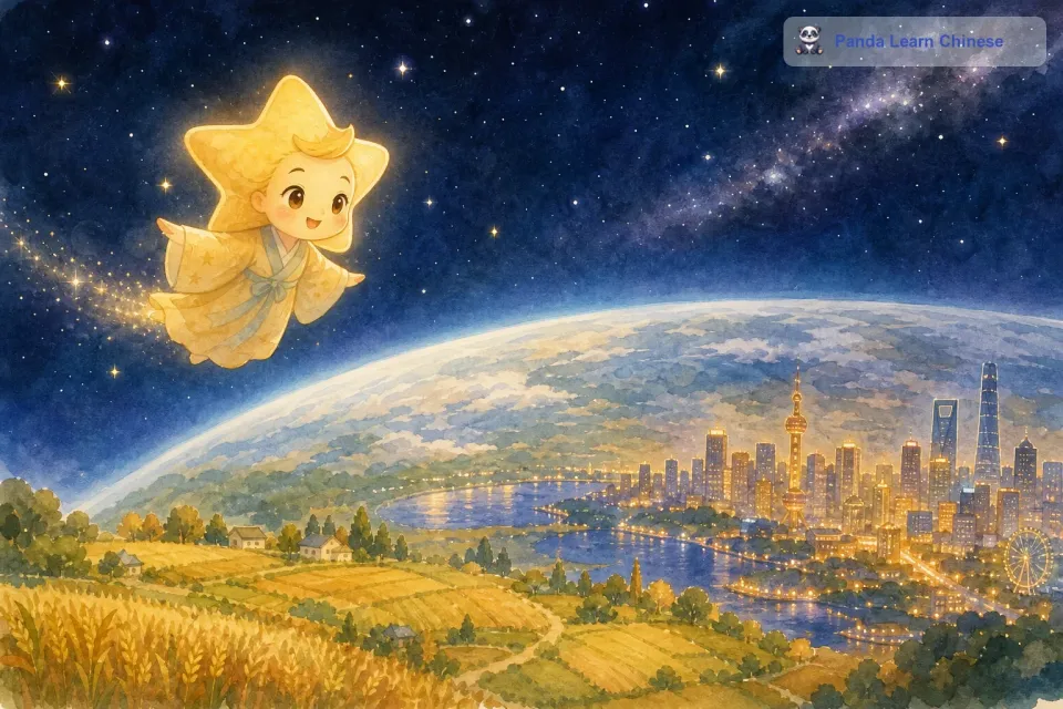 在遥远的宇宙中，有一颗小星星。它每天都在浩瀚的星空中闪烁着，看着地球上发生的各种有趣的事情。它看到地球上的孩子们在田野里欢笑奔跑，看到城市里灯火辉煌，它心里充满了向往，它特别希望自己能够落到地球上去，感受一下那里的温暖和快乐，这成了它最大的愿望。