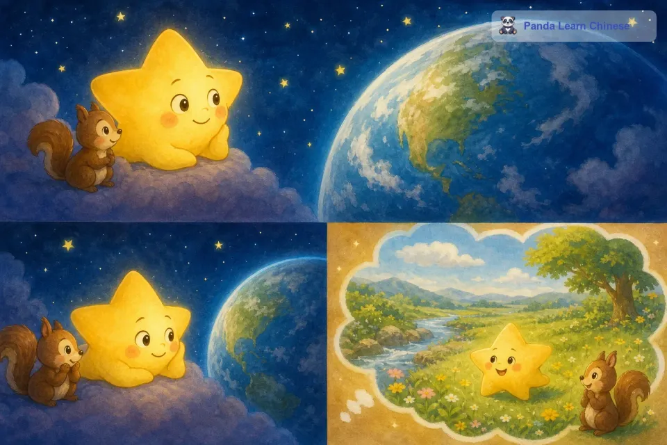 可是小星星并没有被伙伴们的话吓倒，它的愿望还是那么强烈。它每天都更加专注地看着地球，想象着自己落在地球上的情景。