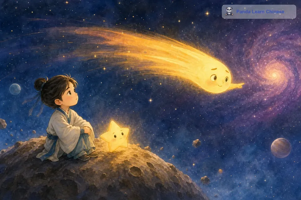 流星听了小星星的话，有些犹豫地说：“我在宇宙中旅行，只能按照自己的轨迹飞行，带着你有些困难。不过，我可以给你指一个方向，在遥远的宇宙边缘，有一股神秘的力量，也许它能够帮助你实现愿望。小星星听了流星的话，心中又燃起了希望。
