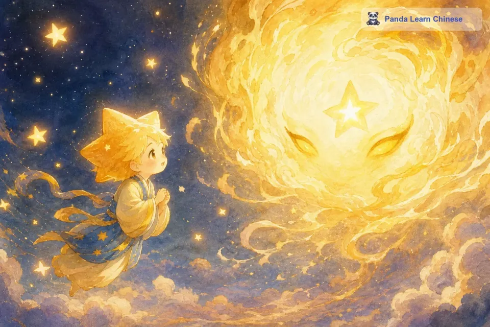 经过了漫长的飞行，小星星终于接近了那股神秘的力量。那是一团巨大的、闪耀着奇异光芒的能量团。小星星有些害怕，但更多的是兴奋，它小心翼翼地靠近，然后对那股力量说出了自己的愿望：“我想落到地球上去，请您帮帮我吧。