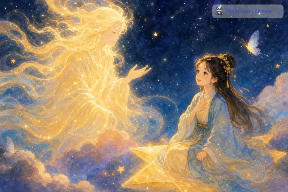 神秘力量听到小星星的愿望后，沉默了一会儿，然后缓缓地说：“你的愿望很美好，但是到了地球后，你可能会失去你现在的光芒，你还愿意吗？小星星毫不犹豫地回答：“我愿意，只要能到地球感受那里的一切，我不在乎失去光芒。