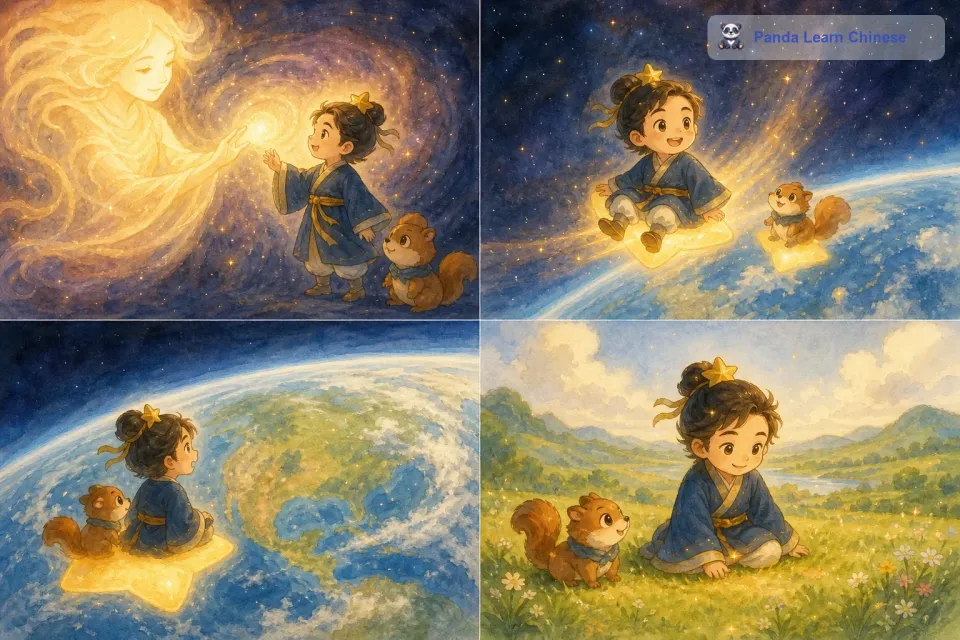 神秘力量被小星星的坚定感动了，它施展了自己的魔力。小星星感觉自己的身体开始缓缓下降，穿过大气层，它看到了地球的全貌，那是比它想象中还要美丽的景象。最后，小星星轻轻地落在了一片草地上。
