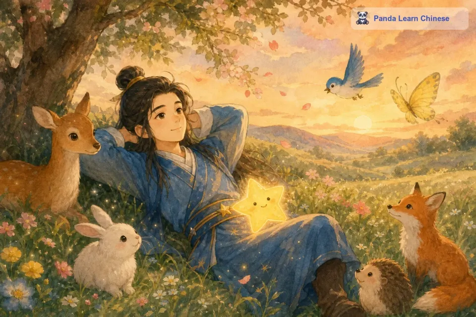 它感受到了草地的柔软，微风轻轻地吹过，带来了花朵的芬芳。小星星虽然失去了在星空中的光芒，但是它的心中充满了喜悦，因为它终于实现了自己的愿望。在这里，它开始了新的生活，和地球上的小动物们成为了朋友，每天都过得非常开心。