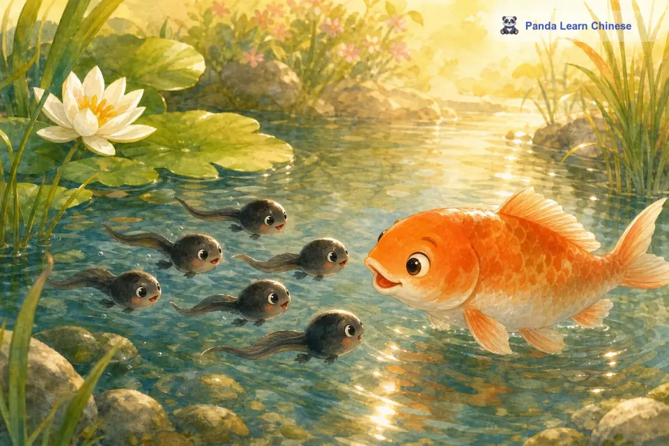 小蝌蚪们游着游着，看到了一条鲤鱼。它们赶忙游过去，问道：“鲤鱼阿姨，我们的妈妈在哪里？鲤鱼阿姨笑着说：“你们的妈妈有四条腿，宽嘴巴。