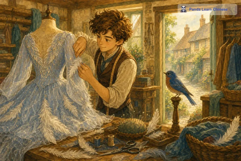可是小裁缝觉得这件衣服还不够特别，他想要让穿上这件衣服的人能够像鸟儿一样飞翔。于是，他开始苦思冥想，尝试在衣服上添加各种元素。他在衣服的袖口和裙摆处缝上了轻巧的羽毛，还在衣服的背面绣上了像是翅膀一样的图案。