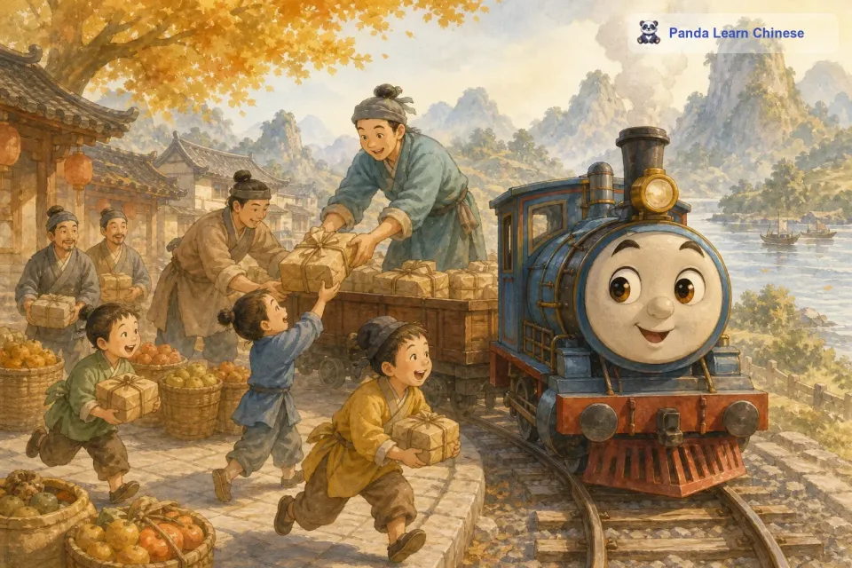 小孩子们也跑来帮忙，他们嬉笑玩耍着，把一个个小包裹递给大人们放进托托的车厢里。托托看着大家忙碌的身影，眼神里充满了期待，它已经准备好开始这一天的工作了。