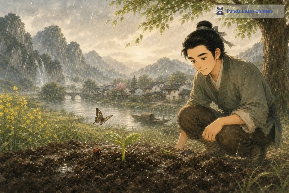 小芽的叶片还很嫩，上面带着一点点泥土的痕迹，就像刚睡醒的孩子脸上带着的眼屎。雨滴落下来，滴答滴答地打在小芽上，这就像是大自然给小芽的洗礼，小芽在雨滴的滋润下，更加充满了生机。周围的小昆虫们也发现了这个新生命，一只小蚂蚁慢慢地爬到小芽旁边，似乎在和小芽打招呼。