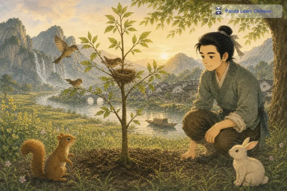 鸟儿们发现了这棵不断长高的小树苗，它们开始在小树苗的树枝上筑巢。一只小鸟叼着树枝，在小树苗的枝桠间忙碌着，小树苗看着小鸟们，觉得自己不再孤单。微风轻轻吹过，小树苗的叶子沙沙作响，像是在和鸟儿们聊天。