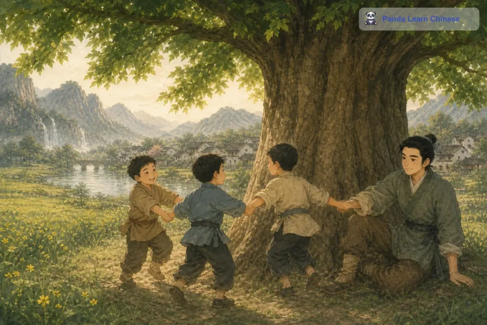 经过许多个春夏秋冬，小树苗终于长成了一棵大树。大树的树干很粗，几个小朋友手拉手都围不过来。大树的树冠非常茂密，就像一把巨大的绿伞。在炎热的夏天，人们可以在大树下乘凉。