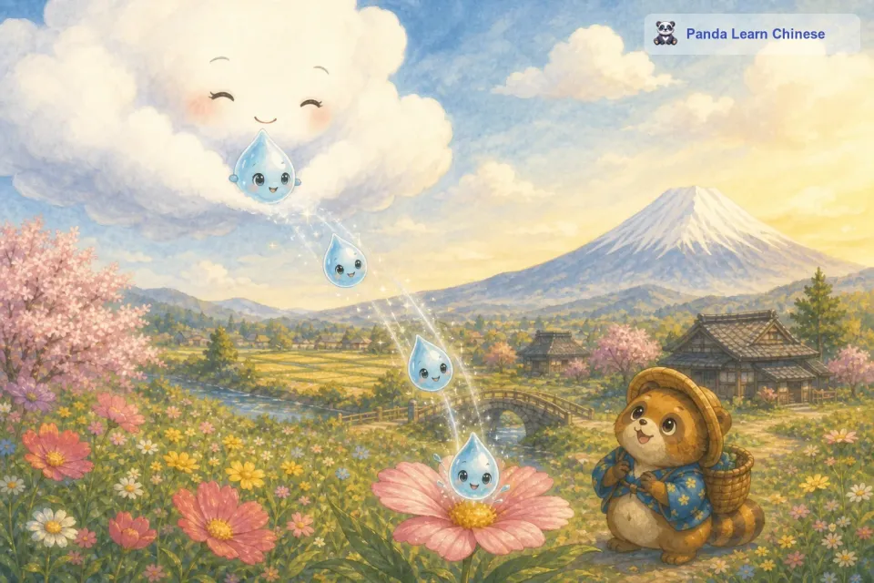 小水滴在云里越来越重，有一天，它终于从云妈妈的怀里落了下来。它像一个小小的跳伞员，在空中划过一道亮晶晶的线。它落啊落，最后落在了一朵娇艳的花朵上。