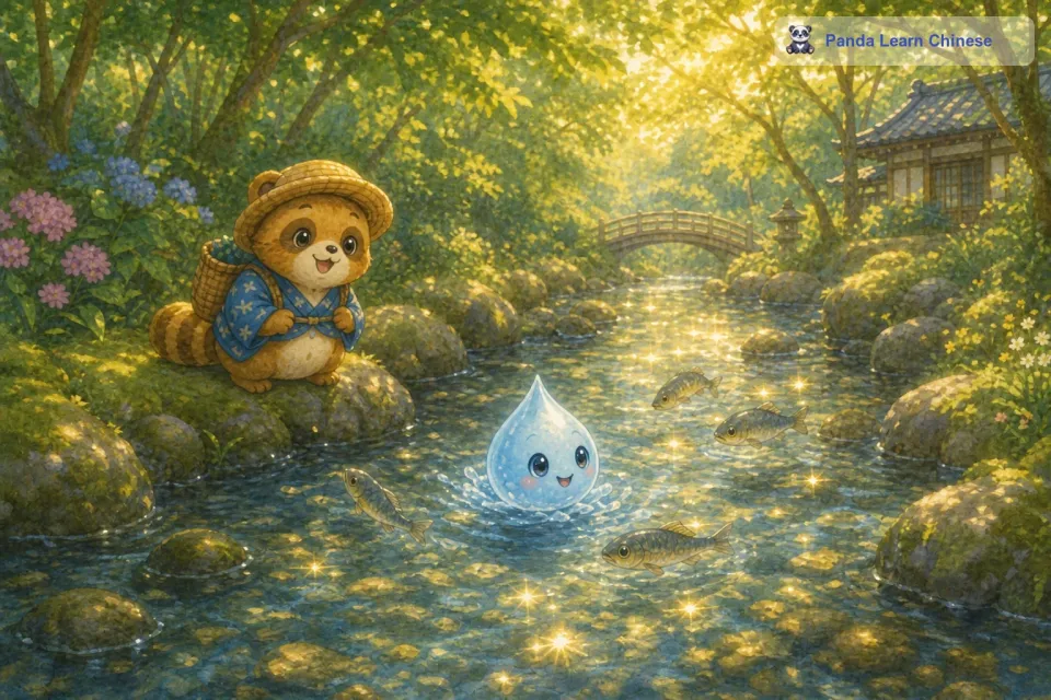 小鱼们摆动着尾巴，带着小水滴一起在溪流里穿梭。周围的树木郁郁葱葱，阳光透过树叶的缝隙洒在溪流上，形成一片片金色的光斑。
