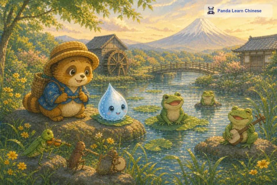 池塘里还有青蛙在唱歌，青蛙的歌声在池塘周围回荡。小水滴静静地听着青蛙唱歌，感受着池塘的宁静。池塘边的草丛里，还有一些小昆虫在演奏着自己的音乐，就像一场小小的音乐会。