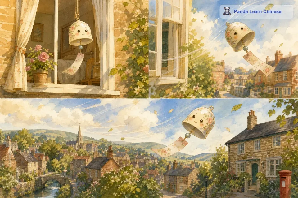 在英国的一个小镇上，有一个非常漂亮的小风铃。这个小风铃住在一个小女孩房间的窗前，每天都在微风中轻轻晃动，发出清脆的声响。有一天，一阵特别大的风突然吹过，小风铃就被吹离了窗户，开始了它的冒险之旅。