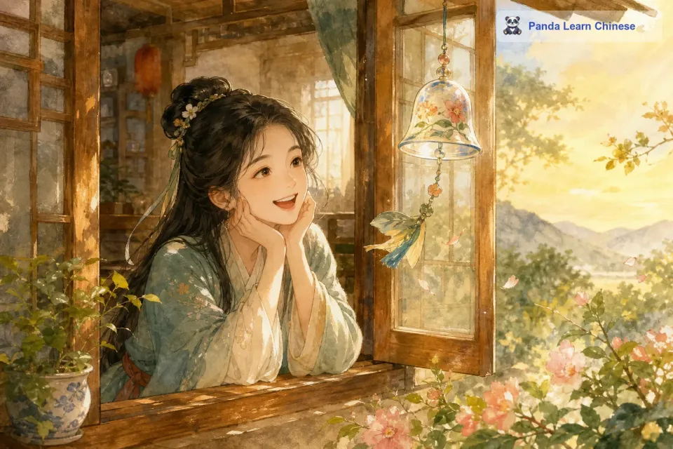 最后，风慢慢地小了下来，小风铃顺着风的方向又飘回了小女孩的家。它回到了窗前，小女孩看到失而复得的小风铃，非常高兴。小风铃也很高兴能回到这个熟悉的地方，它又可以每天在微风中为小女孩演奏清脆的音乐了。
