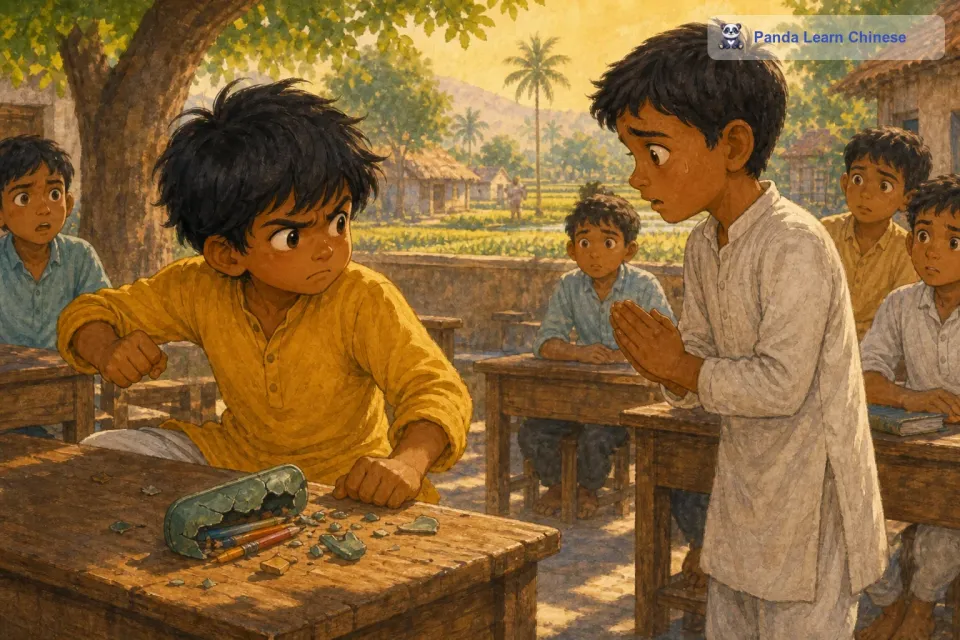有一次，拉杰在学校遇到了一件很不开心的事情。他的同学不小心弄坏了他最喜欢的文具，他非常生气，甚至想要和同学大吵一架。但是就在他情绪即将爆发的时候，他突然想起了自己练习瑜伽时的那种平静的感觉。