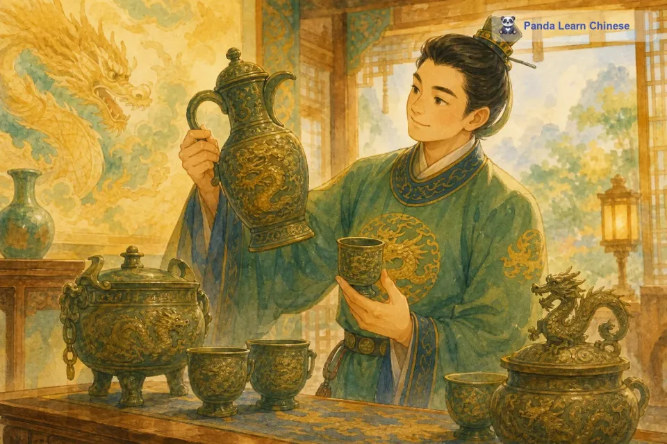 他的衣服上绣着龙，他使用的器具上也刻着龙。只要能画上龙或者刻上龙的地方，他都不会放过。