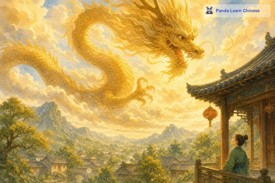 有一天，天上的真龙听说了叶公如此喜爱龙，它非常感动，决定下凡去拜访叶公。真龙从云端探出头来，巨大的身躯在云中若隐若现，然后缓缓地向着叶公的家飞去。