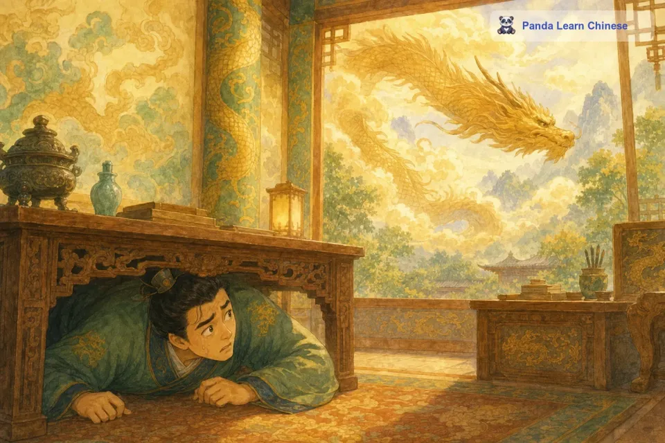 叶公一直跑到屋子里，躲在桌子下面，不敢出来。真龙看到叶公的反应，非常失望，摇了摇头，飞走了。原来叶公只是喜欢那些假的龙的图案，而不是真正的龙啊。这个故事告诉我们，有些人表面上喜欢某样东西，实际上并不是真的喜欢。