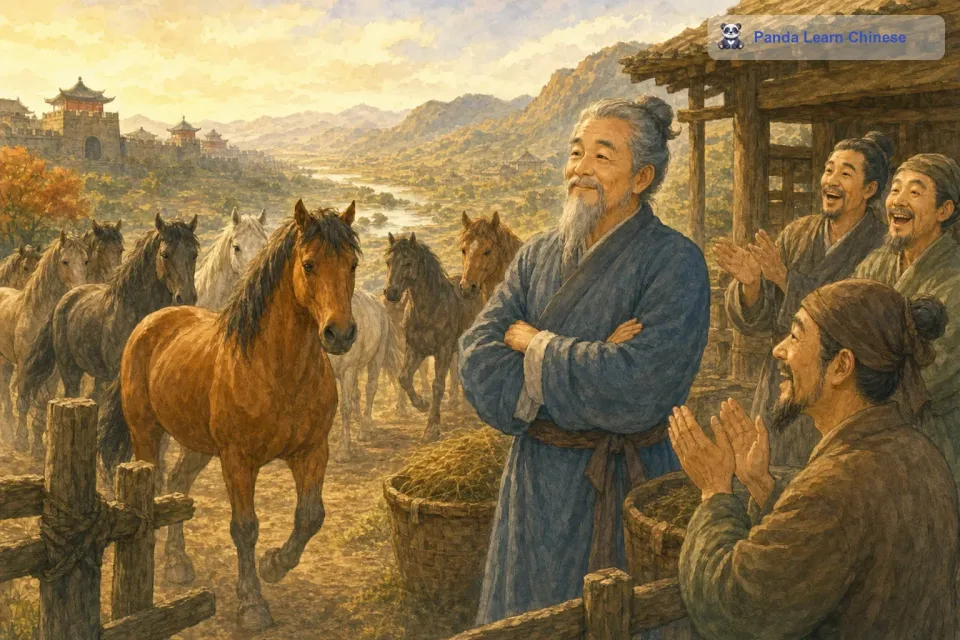 过了几个月，那匹走失的马居然带着一群胡人的骏马回来了。邻居们又都来祝贺塞翁，他们说：“您可真是有远见啊，这匹马不仅回来了，还带回来这么多好马，这可真是一件大喜事。然而塞翁却并没有表现出特别高兴的样子，他皱着眉头说：“这也不一定就是好事啊，也许会带来灾祸呢。邻居们觉得塞翁实在是太奇怪了，好运来了都不懂得高兴。