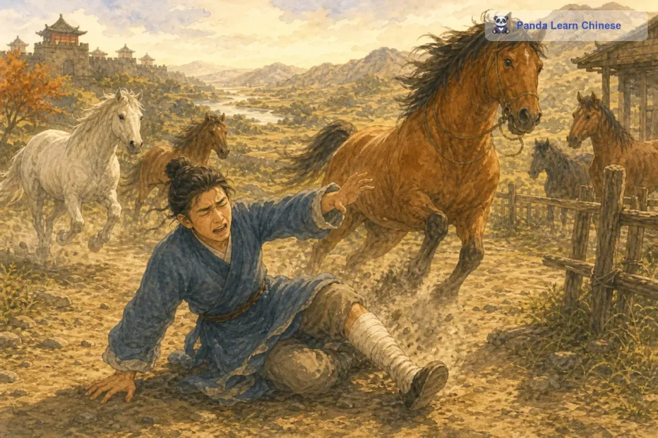 塞翁有一个儿子，他看到家里突然多了这么多骏马，非常兴奋。他便经常骑着马出去玩耍。有一天，他在骑马的时候不小心从马背上摔了下来，摔断了腿。