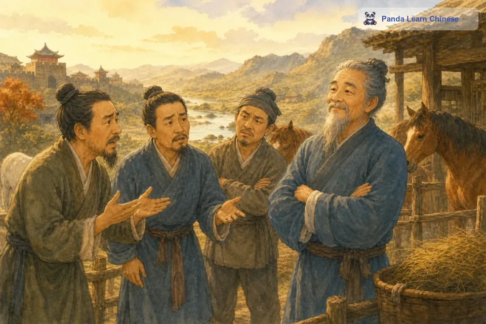 邻居们听到这个消息后，又来安慰塞翁，他们说：“您之前的担忧果然成真了，这可真是太不幸了。塞翁却还是很平静，他对邻居们说：“这也许会变成好事呢。邻居们都摇头，觉得塞翁是在说胡话。