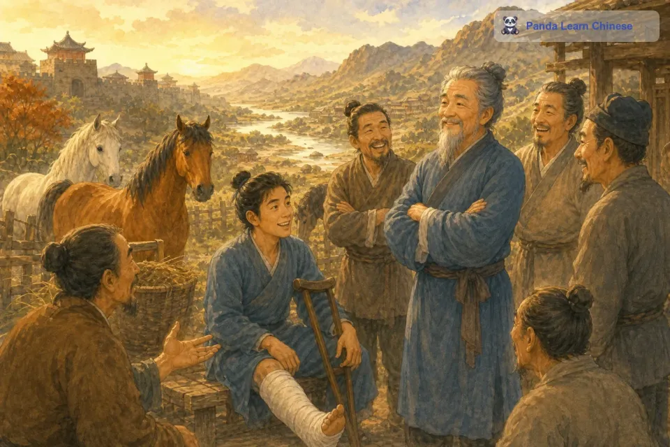 而塞翁的儿子因为腿断了，不能去参军，从而保全了性命。这个时候，邻居们才真正明白了塞翁所说的话，他们感叹道：“塞翁真的是有大智慧啊，福祸之间真的是相互依存的。