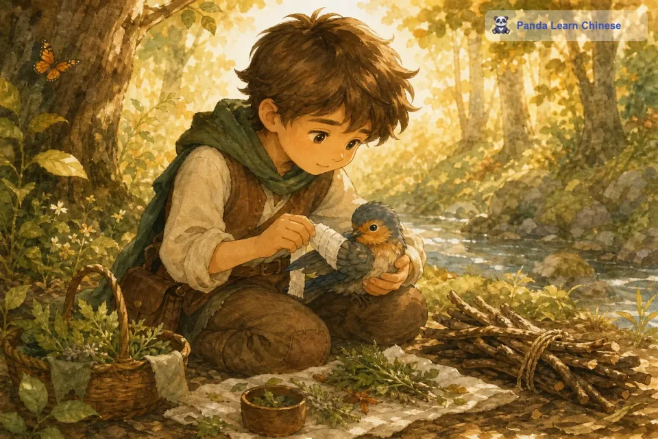 过了几天，当贝尔像往常一样去森林里捡柴火的时候，他看到一只小鸟从树上掉了下来。小鸟的翅膀好像受伤了，无法飞翔。贝尔轻轻地把小鸟捧起来，找了一些草药和树叶，为小鸟包扎伤口。他把小鸟放在一个安全的地方，每天都会来给它送食物和水。在贝尔的细心照料下，小鸟的伤口渐渐愈合了。