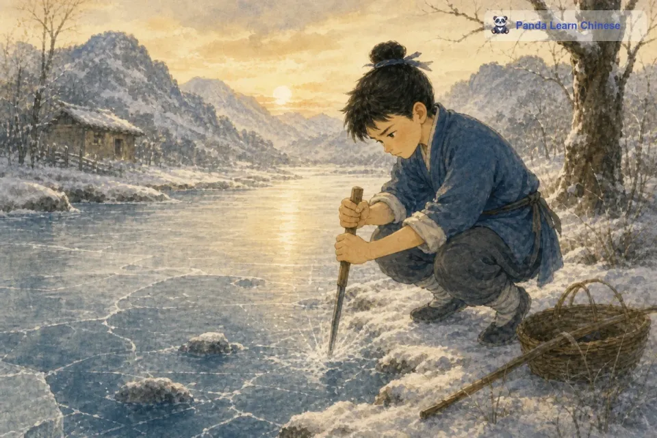 王祥没有放弃，他来到了河边。看着那冰冷的河面，他心里只有一个想法，那就是一定要为母亲找到鲤鱼。他在河边走来走去，思考着该怎么办。他先是想用工具把冰凿开，可是冰太厚了，他费了好大的力气也只能凿出一点点痕迹。