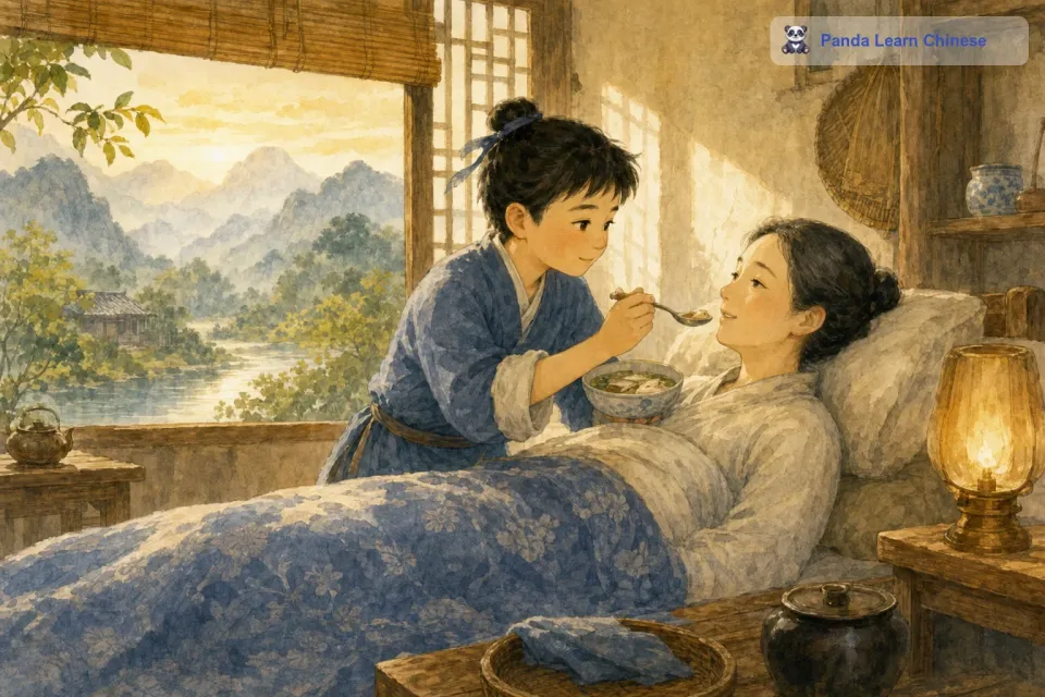 回到家后，王祥赶忙把鲤鱼煮成了汤。他端着热气腾腾的鱼汤来到母亲的床前，轻声地唤醒母亲，然后一勺一勺地喂母亲喝鱼汤。母亲喝了鱼汤后，身体慢慢好了起来。王祥的孝顺故事也被人们传颂至今，成为了中国传统文化中孝顺的典范。