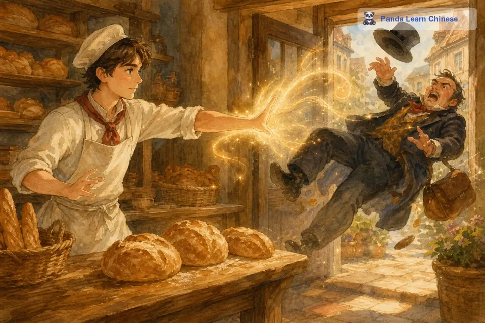商人非常生气，他试图抢夺皮埃尔的配方。但是皮埃尔早有准备，他用魔法把商人赶出了面包店。皮埃尔知道，他的能力应该被用来帮助那些真正有需要的人，而不是满足贪婪者的欲望。