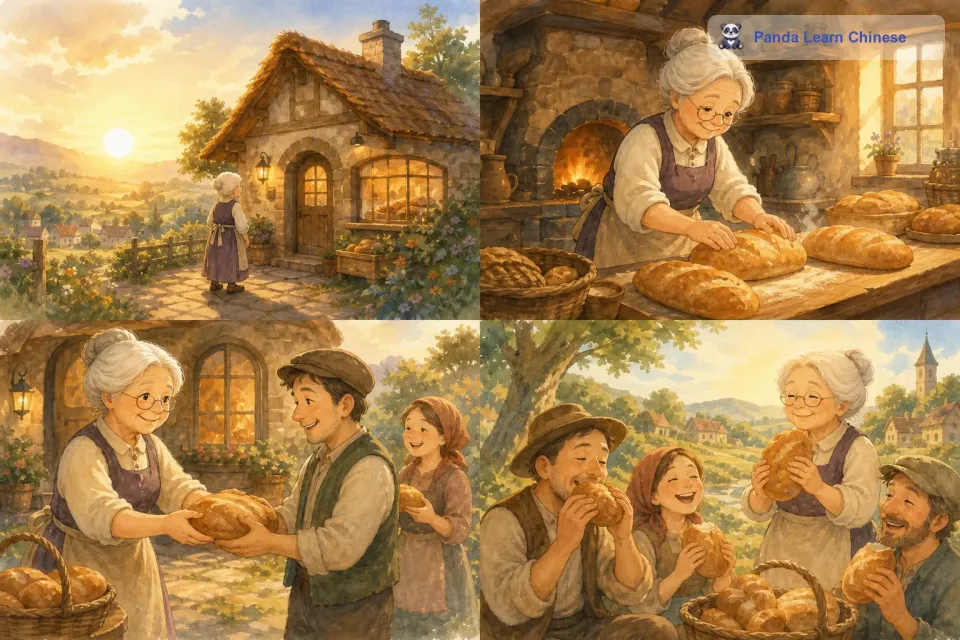 每天清晨，当第一缕阳光洒在面包房的屋顶上，老奶奶就会开始忙碌起来。她烤出的面包有着神奇的魔力，只要吃了这个面包房里的面包，人们就会感到无比的幸福。