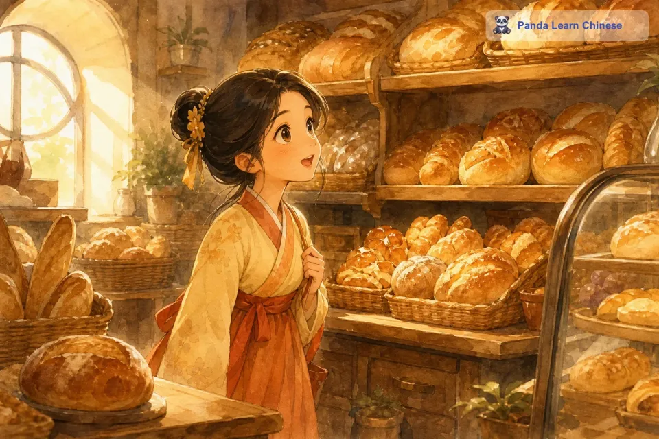 面包房里暖烘烘的，架子上摆满了各种各样的面包，那些面包看起来是那么的诱人，仿佛在向她招手。艾米的眼睛一下子就亮了起来，她好奇地看着周围的一切。