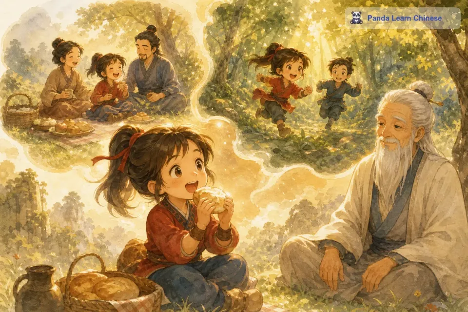 艾米咬了一口面包，突然，一种奇妙的感觉涌上心头。她仿佛看到了自己最美好的回忆，和家人一起在草地上野餐，大家欢声笑语；还有和小伙伴们在森林里玩耍，阳光透过树叶洒在他们身上。她的脸上洋溢着幸福的笑容，眼睛里闪烁着快乐的光芒。艾米激动地对老奶奶说：“这个面包真的有魔法，我感觉好幸福啊！